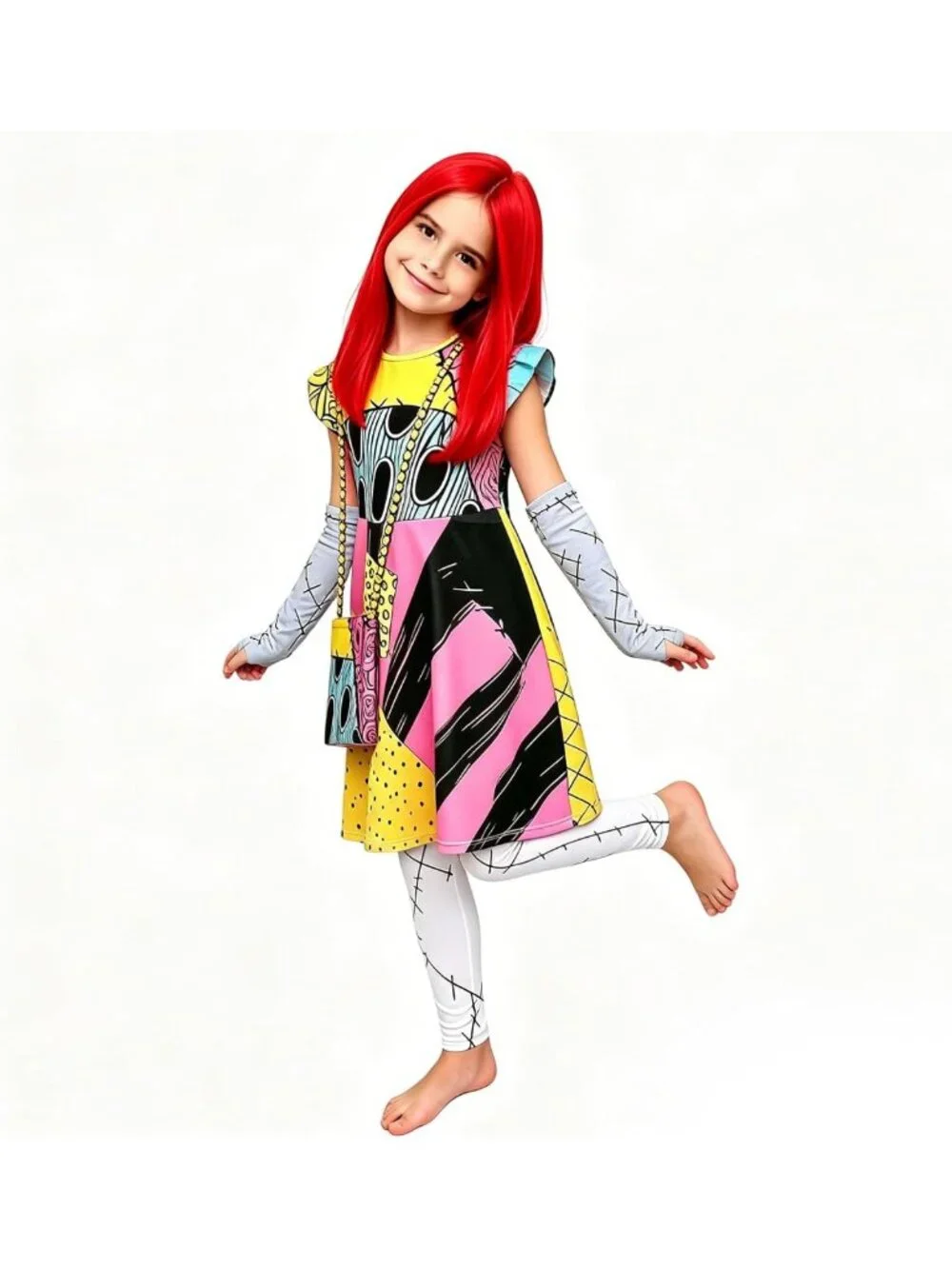 5PCS Kids Sally Costume Set - Girls Christmas Dress, Wig & Accessories for